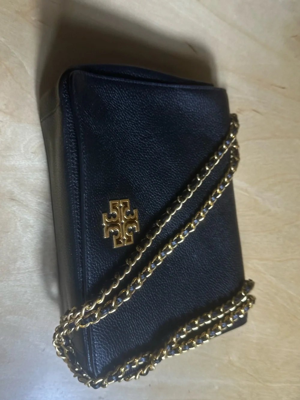 Tory Burch Black Pebbled Leather Shoulder Bag with Gold Chain